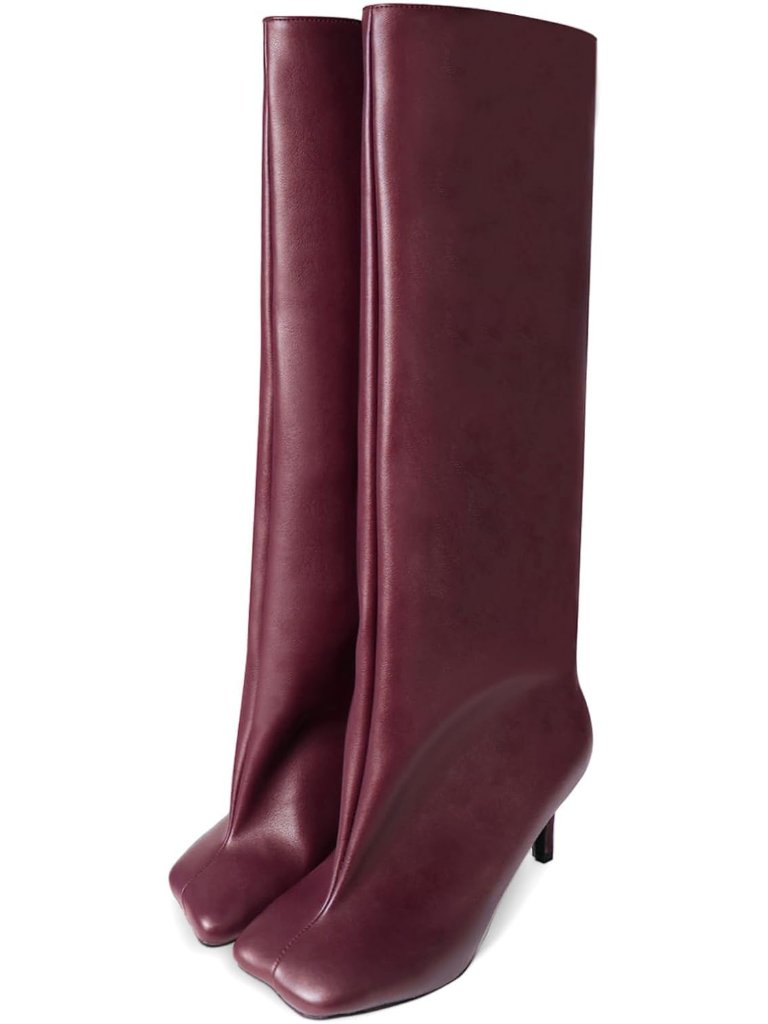 Women's Suede Knee High Boots Square Toe Burgundy2 Stiletto Heels Wide Calf Boot